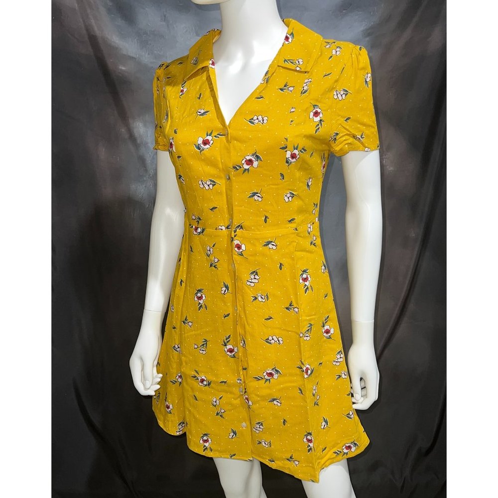Francesca’s Blue Rain Mustard Yellow Floral Collared Button Front Dress - Small